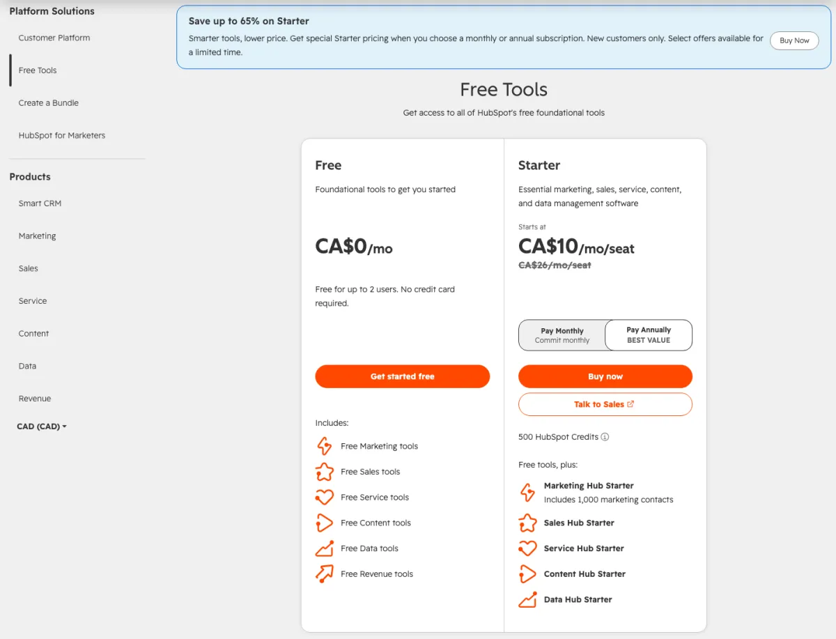 HubSpot Free Tools pricing page with currency set to CAD: Free CA$0/mo for up to 2 users; Starter starts at CA$10/mo/seat, with the regular CA$26/mo/seat struck through, under a Save up to 65% on Starter offer for new customers.
