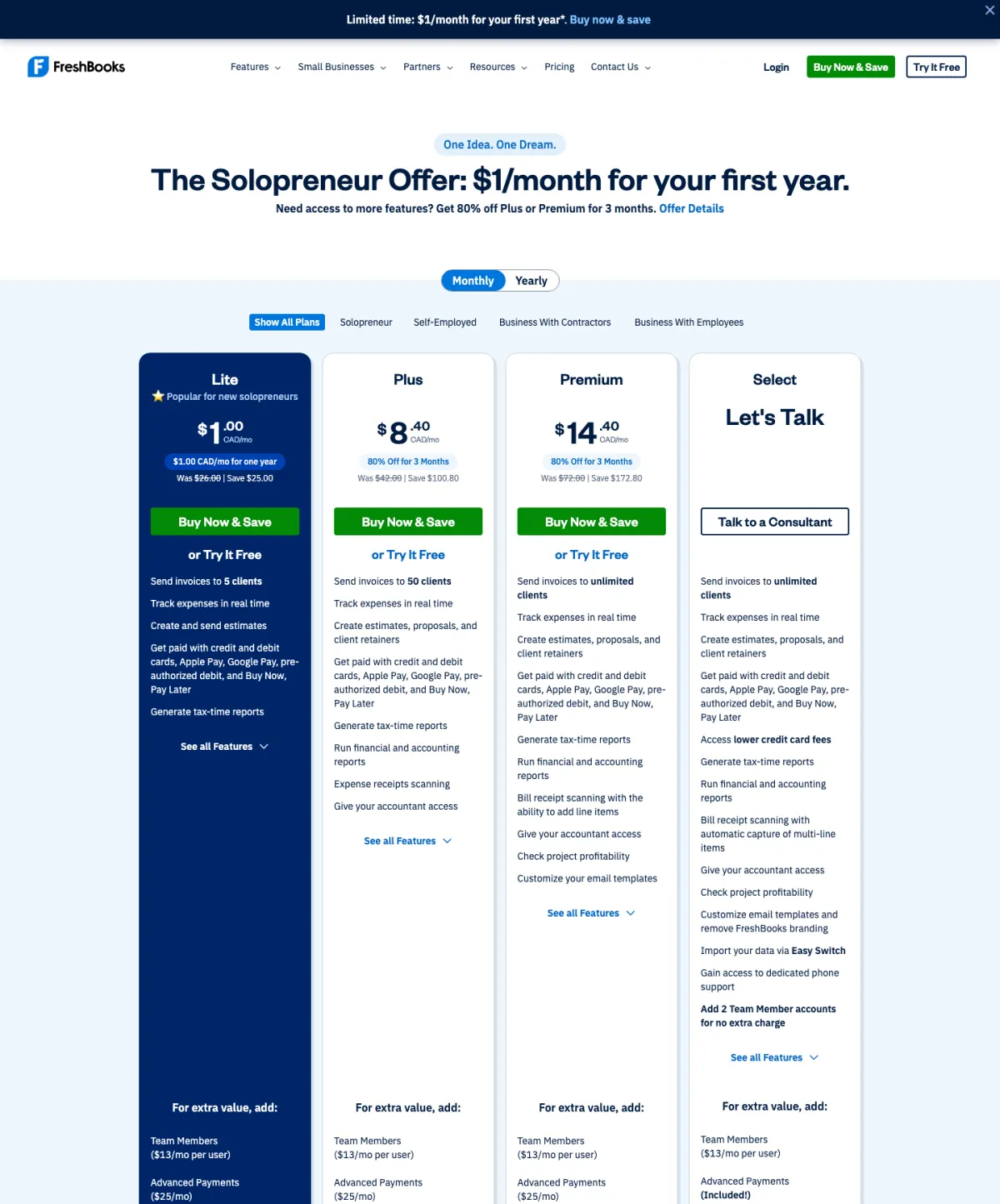 FreshBooks Canada pricing page on monthly billing: Lite $1.00 CAD/mo for one year, was $26.00; Plus $8.40 CAD/mo for 3 months, was $42.00; Premium $14.40 CAD/mo for 3 months, was $72.00; Select by consultation; Team Members add-on $13/mo per user.