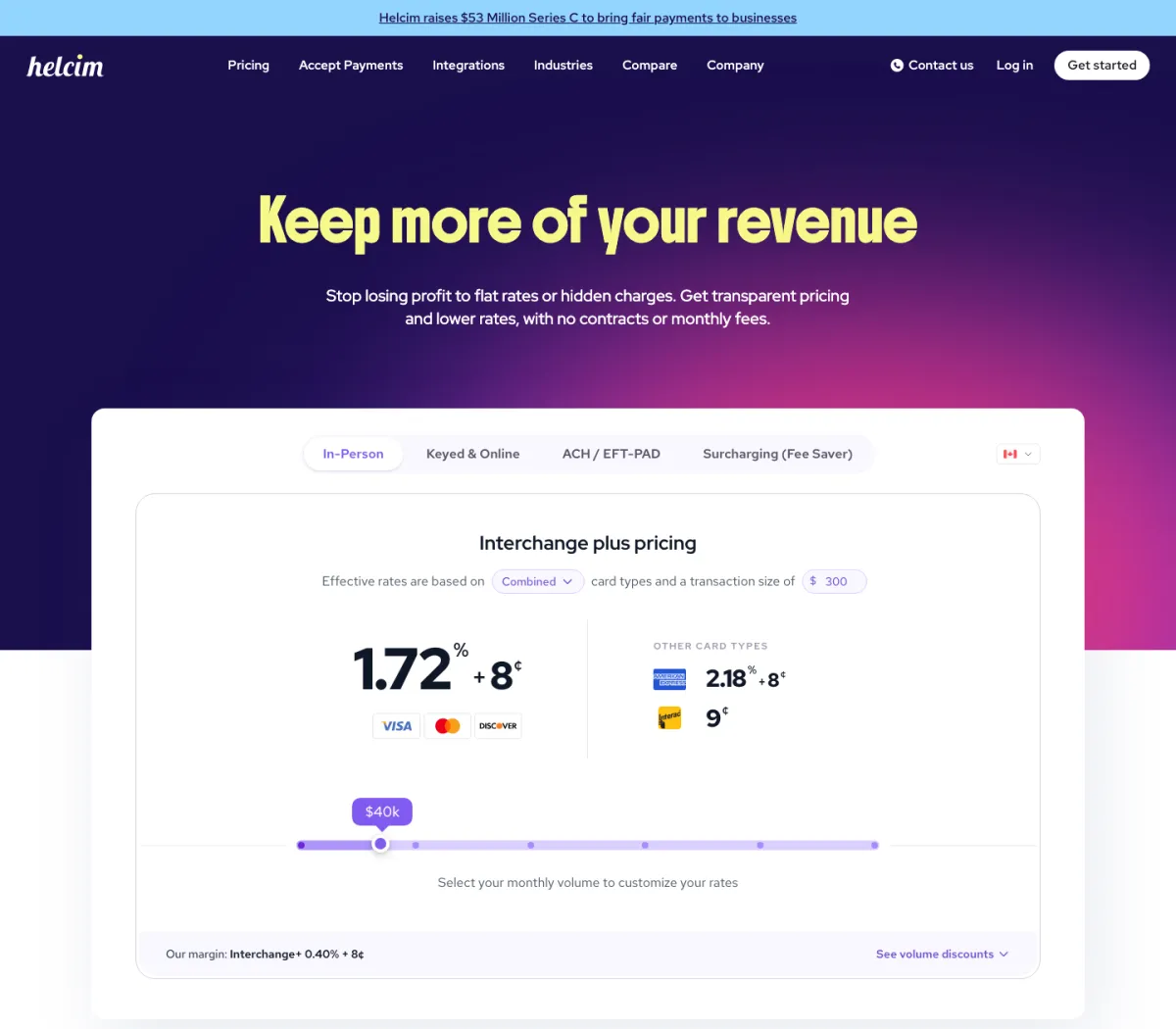 Helcim pricing page, In-Person tab with the Canadian flag selected and monthly volume set to $40k: margin of Interchange+ 0.40% + 8¢; example effective rate 1.72% + 8¢ for Visa, Mastercard and Discover, 2.18% + 8¢ for American Express, and 9¢ for Interac.
