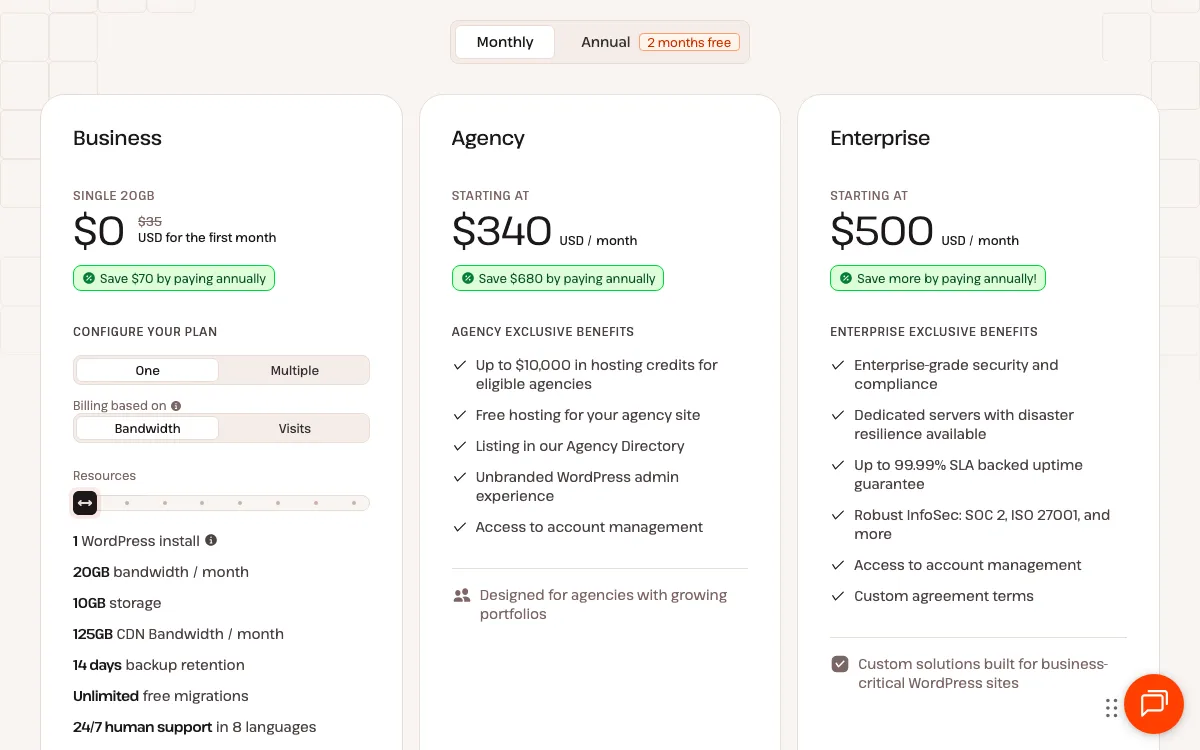 Kinsta pricing page with Monthly billing selected: Business card showing Single 20GB at $0 for the first month, then $35, with a Save $70 by paying annually badge, 1 WordPress install, 20GB bandwidth a month, 10GB storage, 125GB CDN bandwidth, 14 days backup retention; Agency starting at $340 USD a month; Enterprise starting at $500 USD a month.